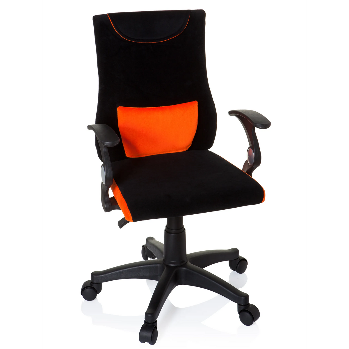 Svart-orange Snurrstol för barn KIDDY PRO AL med ländkudde och femhjulig fotkorsbas från hjh OFFICE – 360-gradersvy (framifrån 20°)