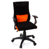 Svart-orange Snurrstol för barn KIDDY PRO AL med ländkudde och femhjulig fotkorsbas från hjh OFFICE – 360-gradersvy (framifrån 20°)