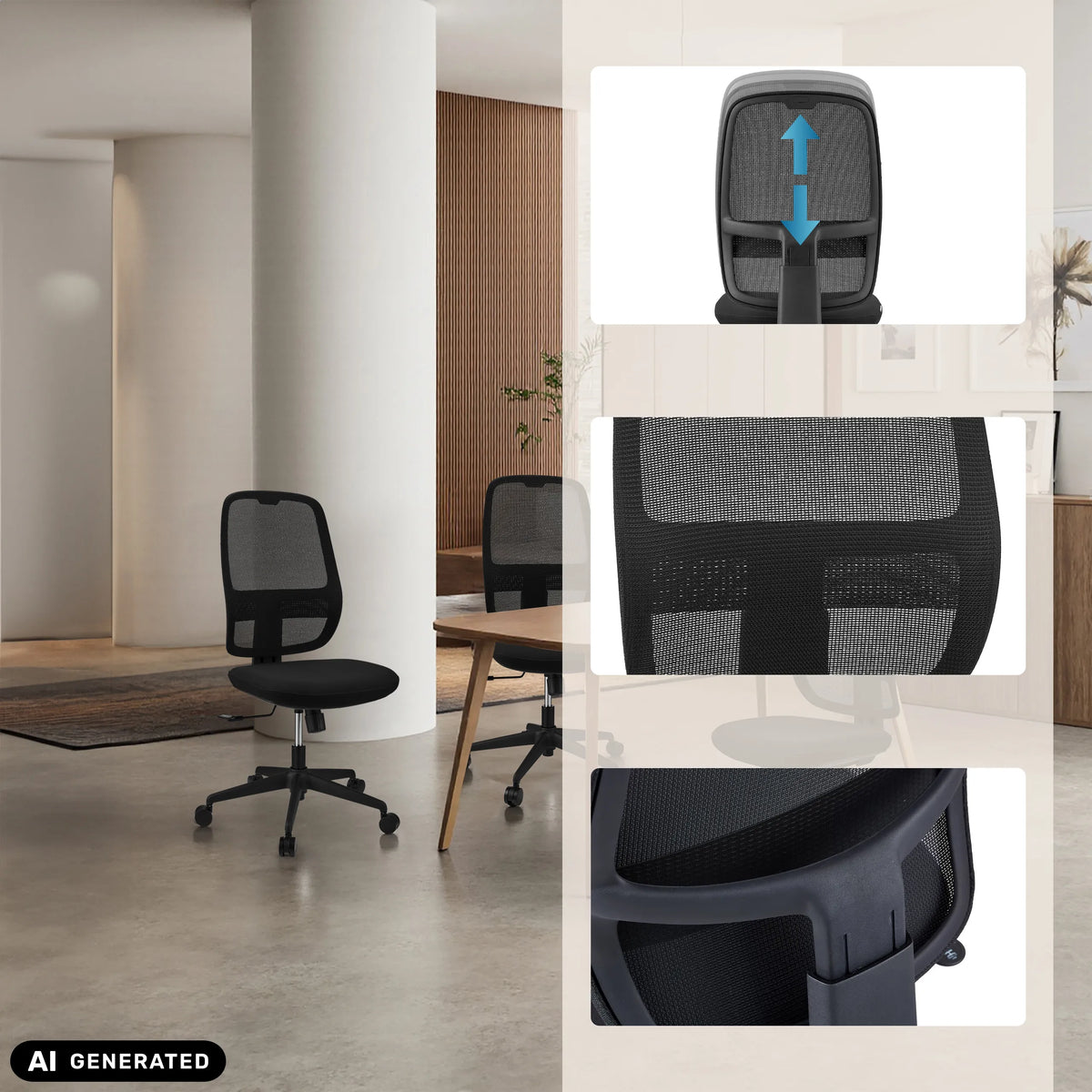 Höjdjusterbart ryggstöd och nättyg på den professionella kontorsstolen Minoro B från hjh OFFICE (AI-genererad bild)