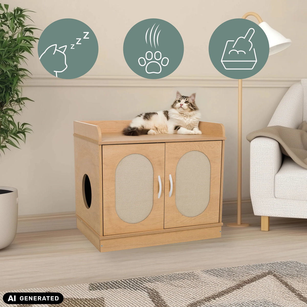 Katthus KITTYHOME 2 i boklook med två dörrar och cirkelformat ingång från hjh LIVING (AI-genererad bild)