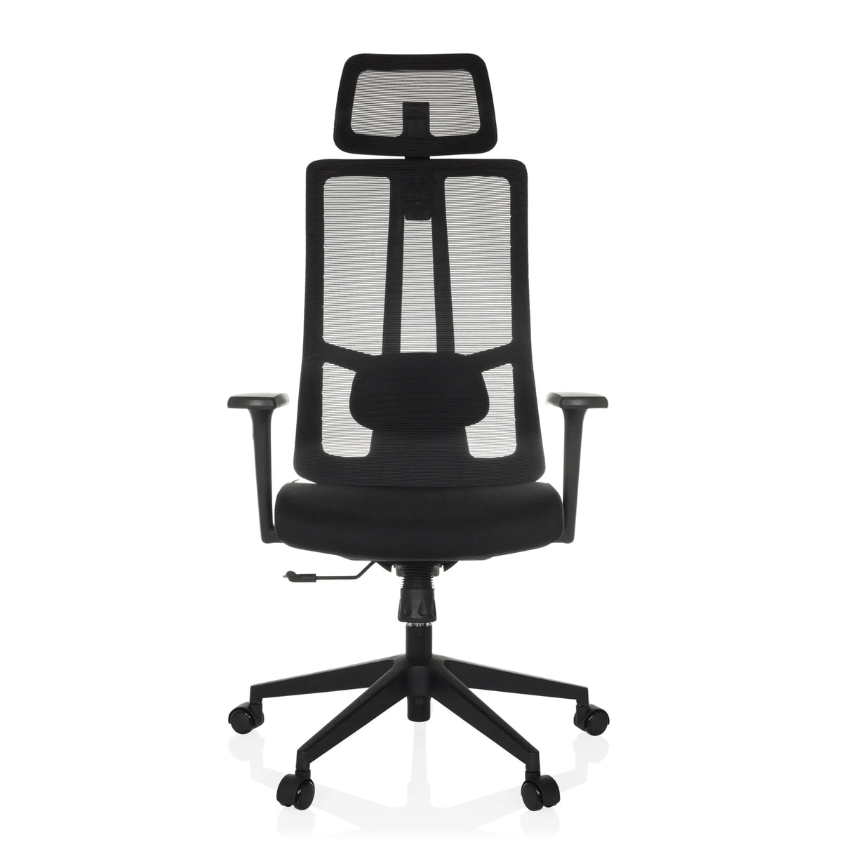 Svart Professionell kontorsstol TRAMORE med nätrygg och femstjärnig fotkorsbas med hjul från hjh OFFICE – 360-gradersvy (framifrån 0°)