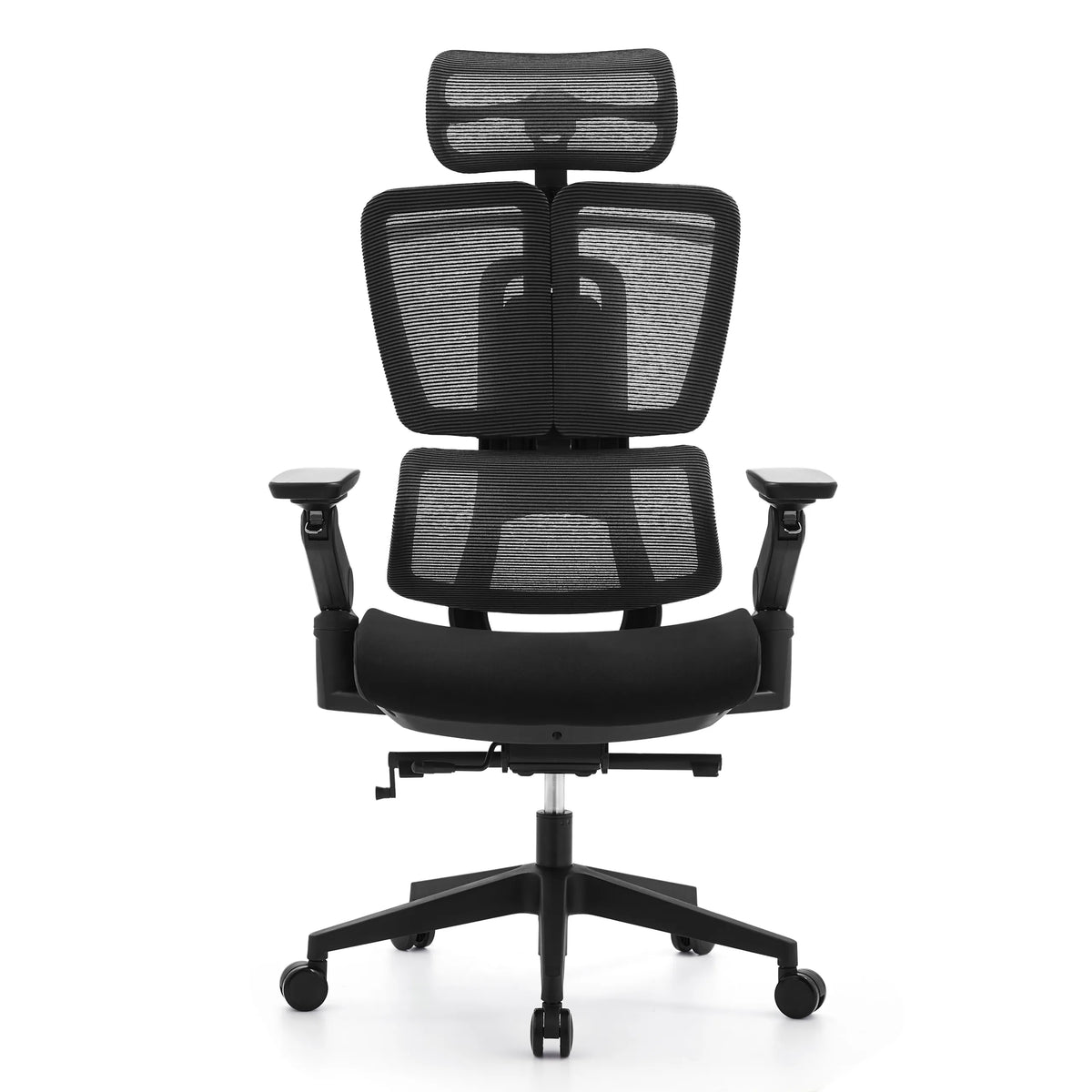 Svart professionell kontorsstol Ergo U2 Flex3 med nätrygg, armstöd och femhjulig fotkorsbas från hjh OFFICE – 360-gradersvy (framifrån 0°)