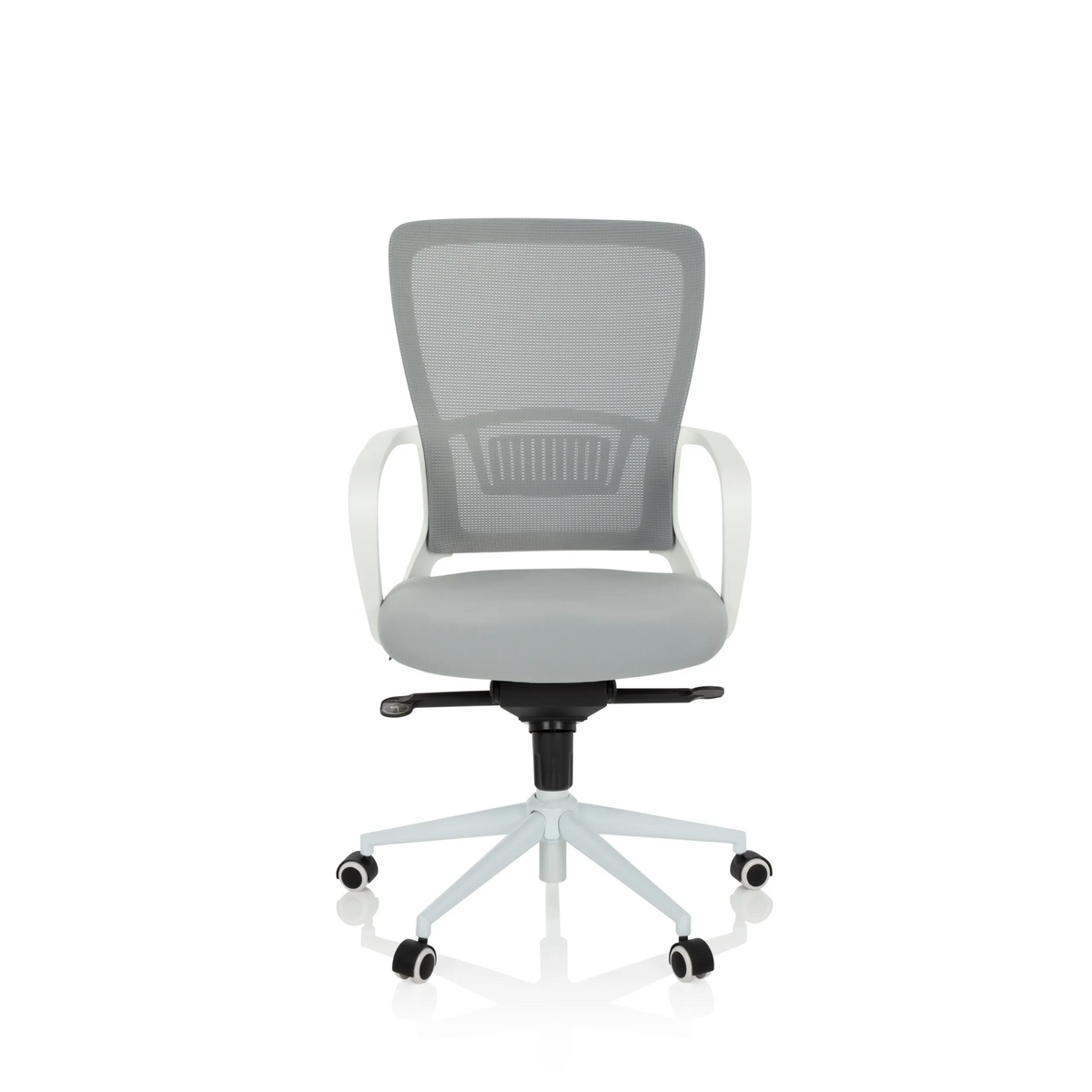 Grå Home Office kontorsstol ESTRIA med nätrygg och femhjulig stjärnfot från hjh OFFICE – 360-gradersvy (framifrån 0°)