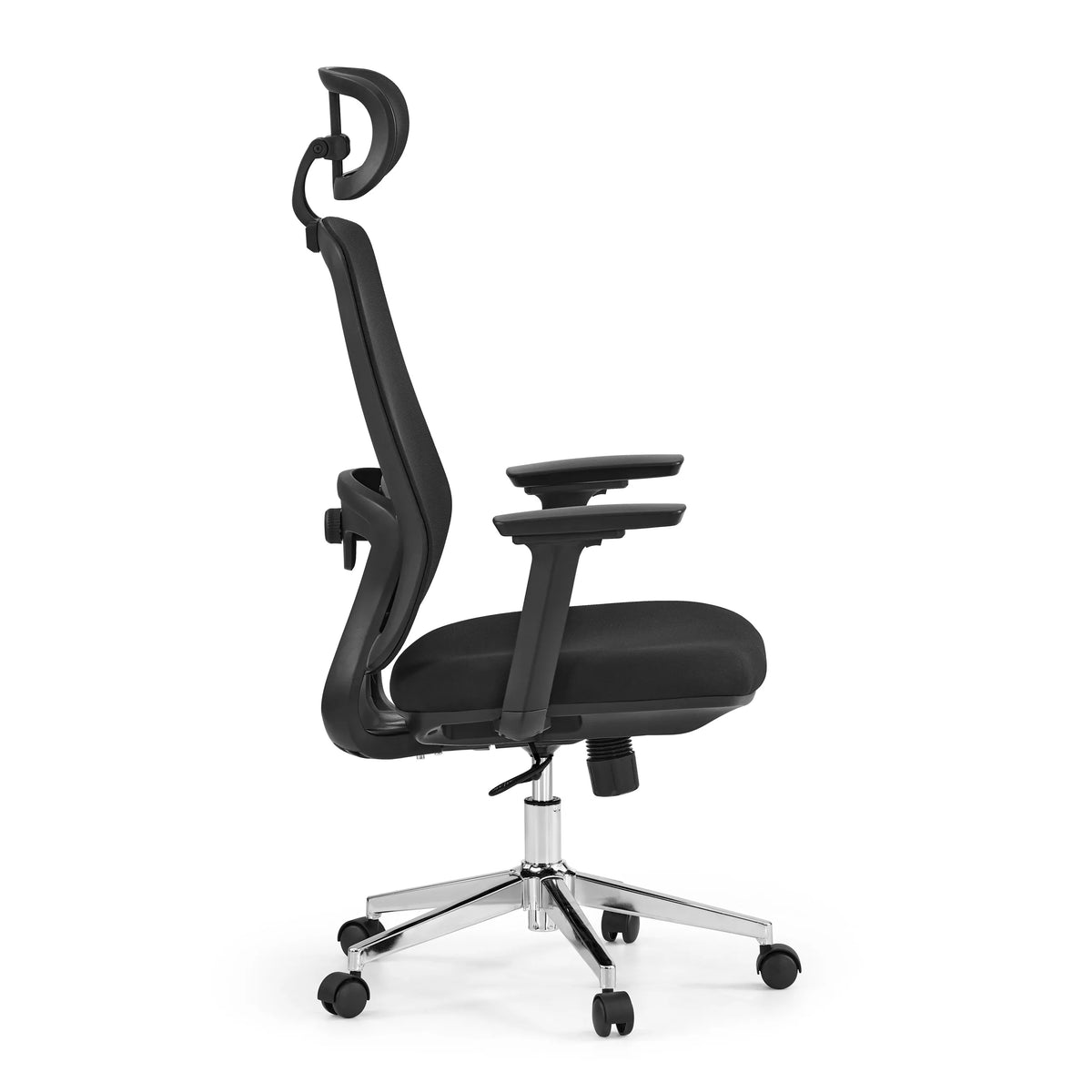 Svart professionell kontorsstol Ergosento med nätrygg, nackstöd och en femstjärnig fotkorsbas med hjul från hjh OFFICE – 360-gradersvy (sidoprofil 90°)