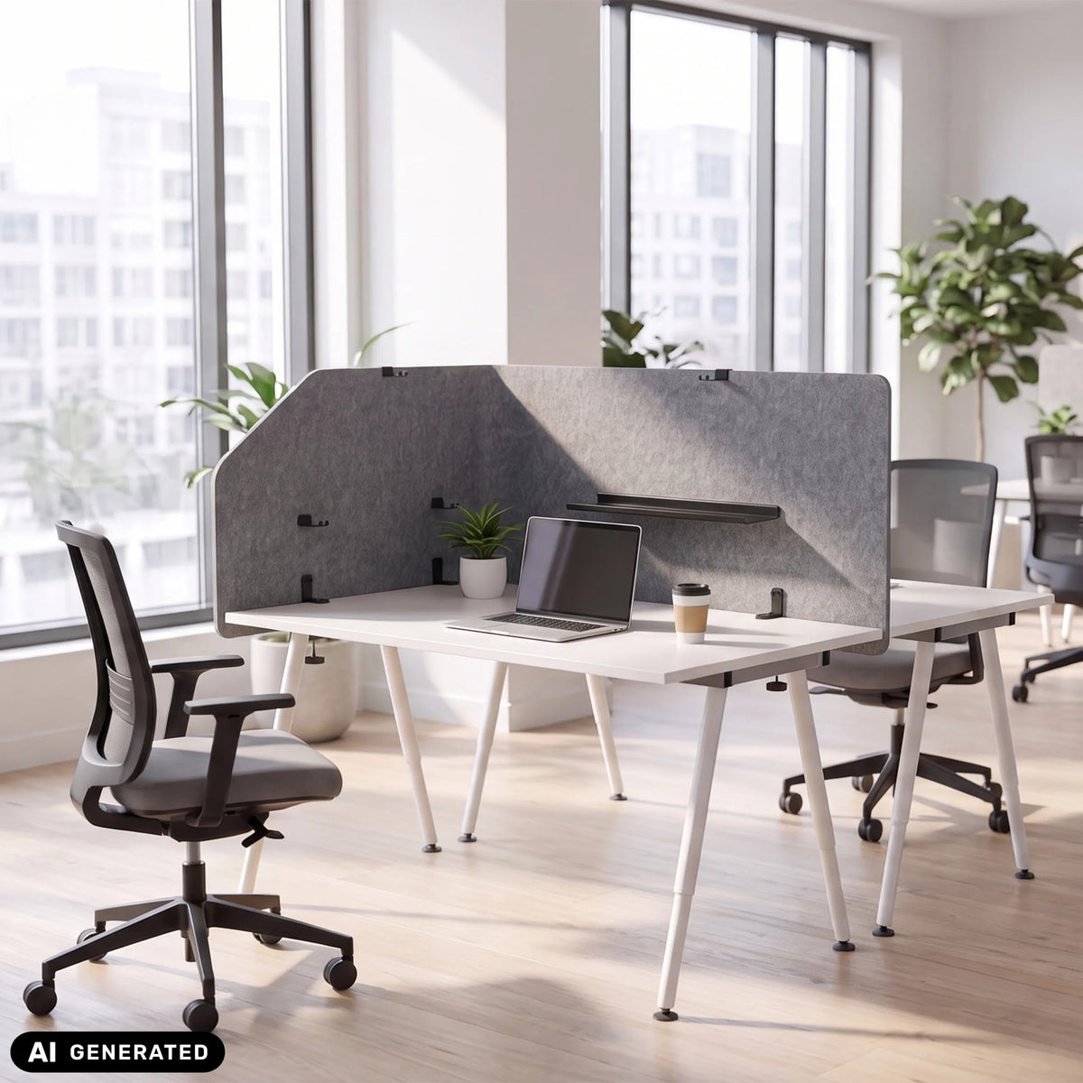 Grå bordsskärmvägg FLEXMIUT T TOP med 160 cm längd på ett vitt skrivbord från hjh OFFICE (AI-genererad bild)