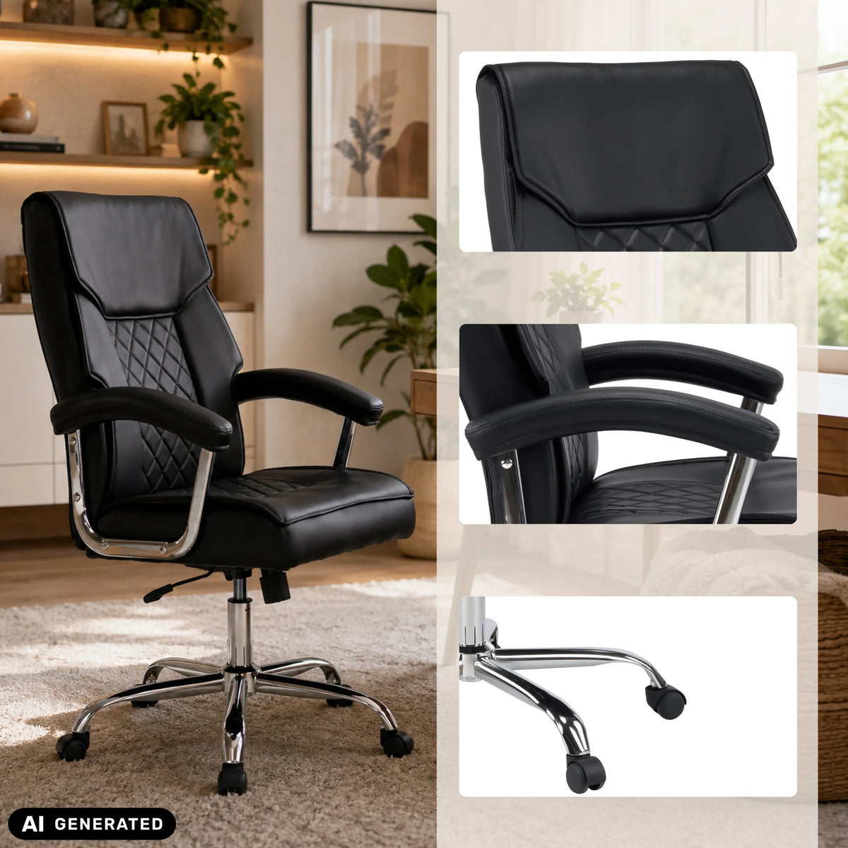Svart Relax Prestio Home Office kontorsstol med kviltat mönster, armstöd och kromad stjärnfot med hjul från MyBuero