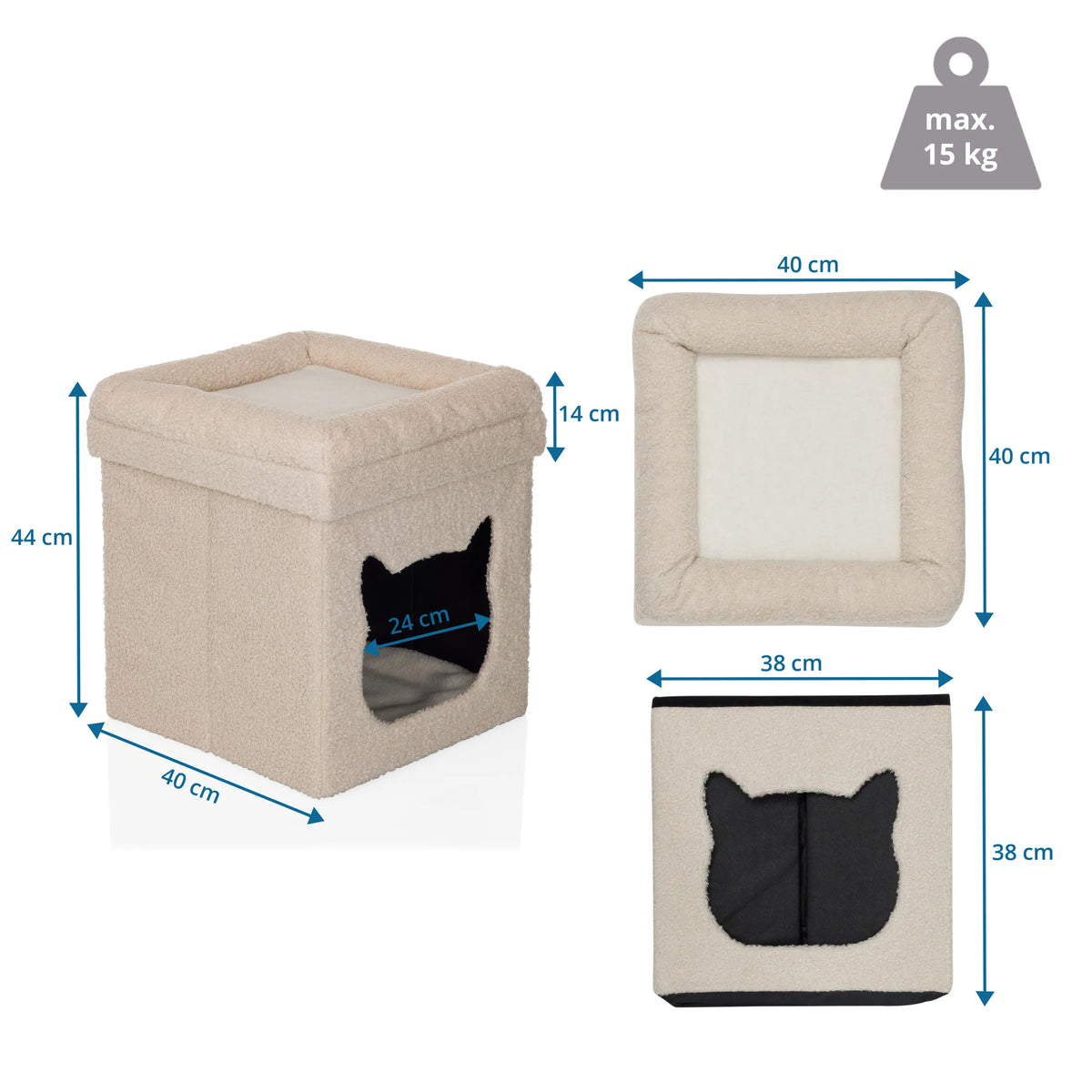 Måttskiss av Katthus PAWY ES med 40 × 40 cm och maximal belastning på 15 kg från hjh LIVING