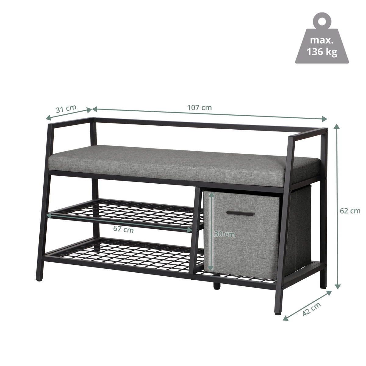 Måttskiss av Skoskåp Estha Loft med 107 × 62 cm och maximal belastning på 136 kg från hjh LIVING