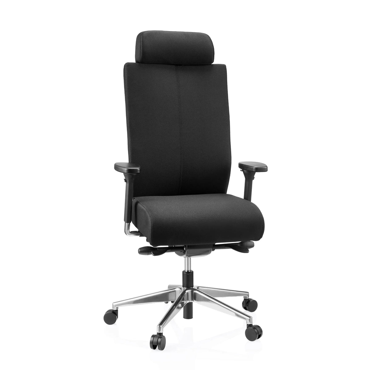 Svart Professionell kontorsstol PRO-TEC XXL med tygklädsel, nackstöd och femhjulig fotkorsbas från hjh OFFICE – 360-gradersvy (framifrån 15°)