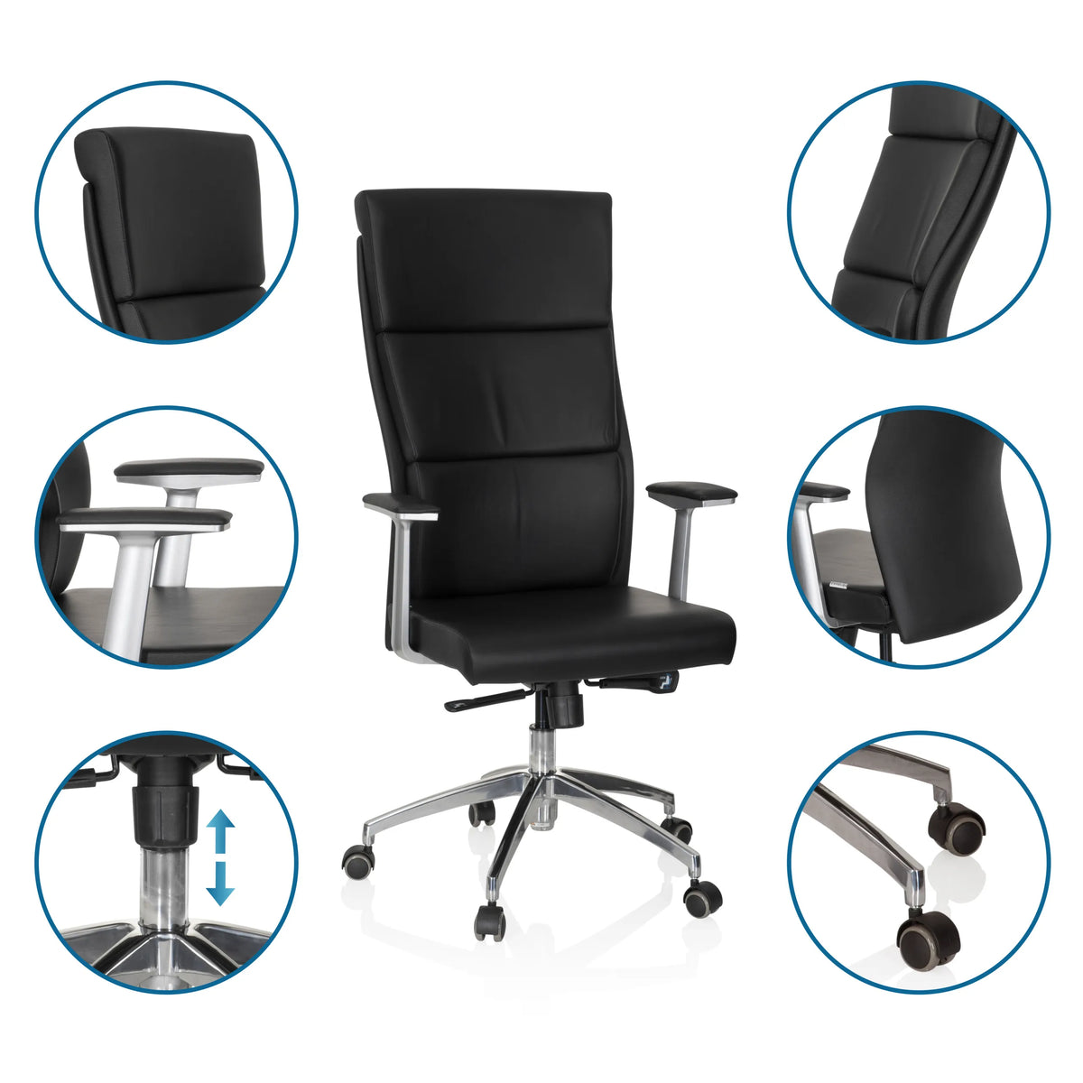 Lyxig chefsfåtölj MONZA 20 i svart med detaljvyer av armstöd, gasfjäder och hjul från hjh OFFICE