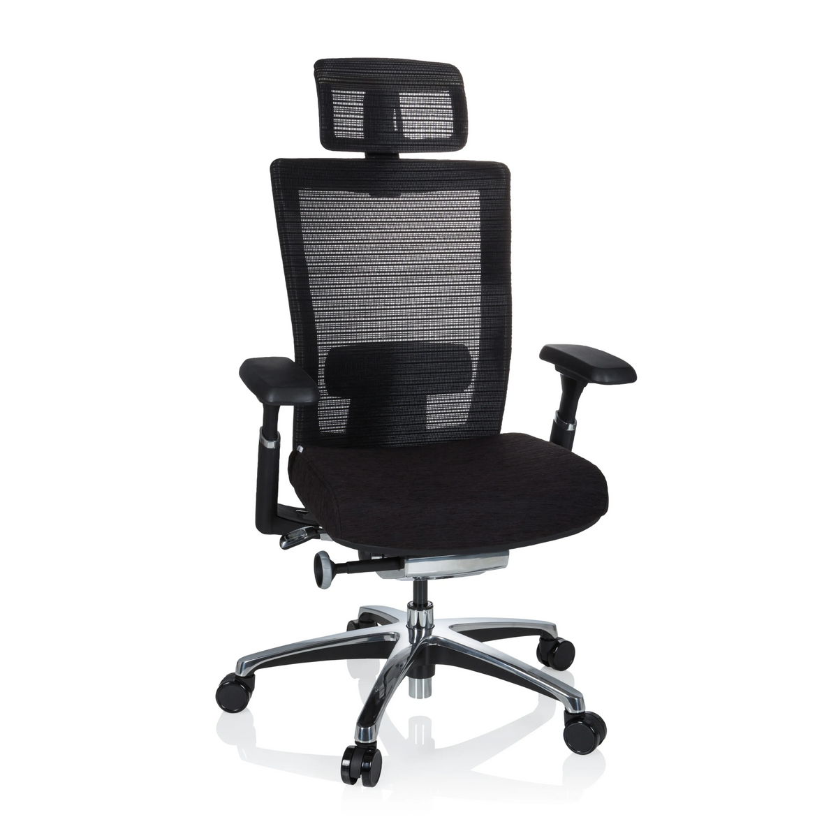 Schwarzer High-End-Bürostuhl NOVA PRO I mit Netzrücken und Fußkreuz mit fünf Rollen von hjh OFFICE – 360-Grad-Ansicht (Frontansicht 20°)