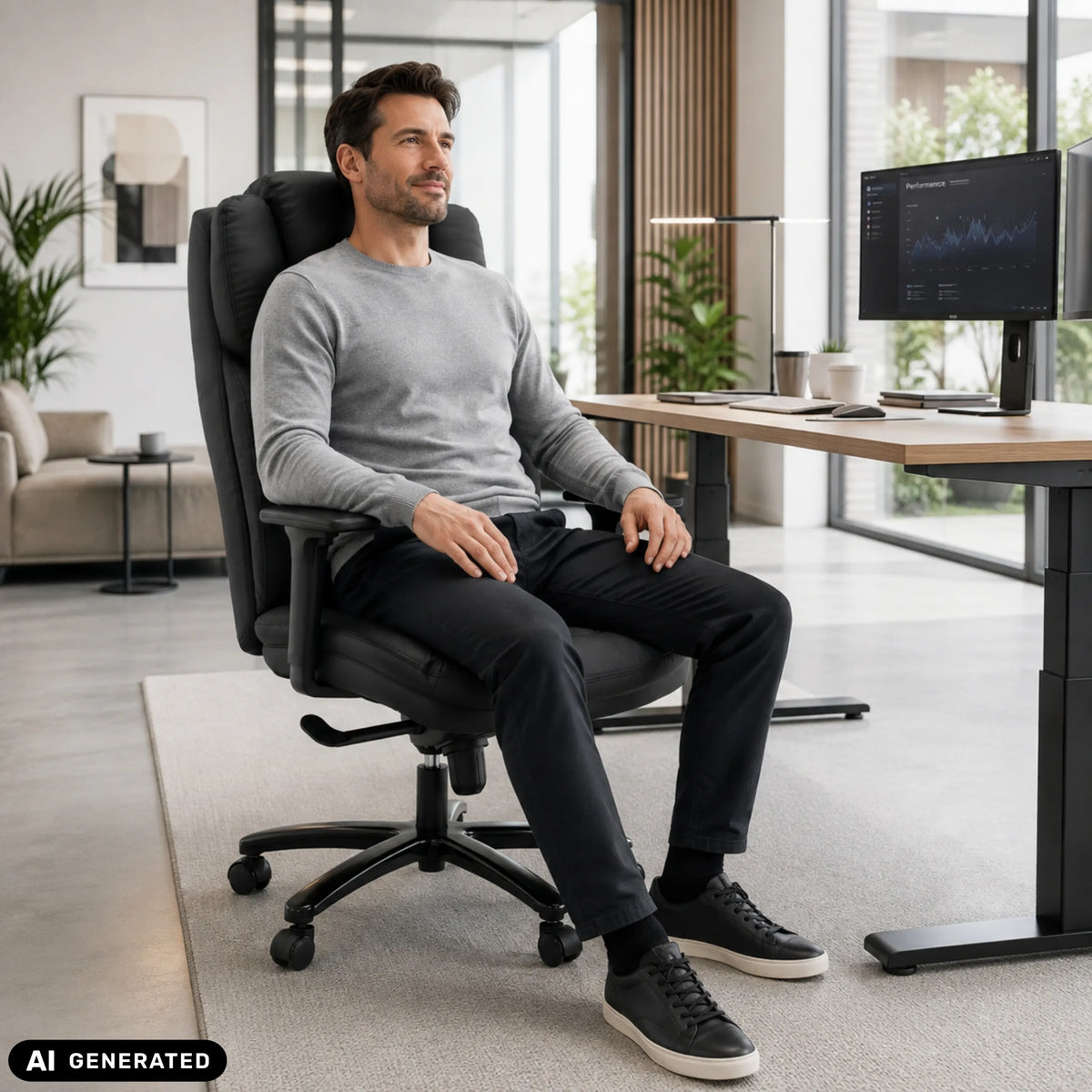 XXL Pullmann Gen2 snurrstol i svart konstläder med högt ryggstöd och armstöd från hjh OFFICE