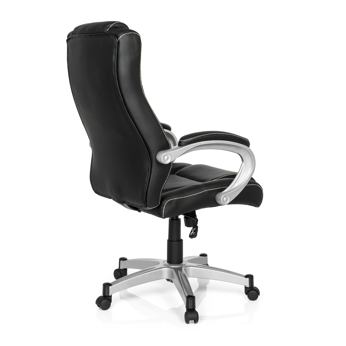Schwarzer Gamingstuhl RELAX CL180 mit Polsterung und Fußkreuz mit fünf Rollen von MyBuero – 360-Grad-Ansicht (schräge Rückenansicht 120°)