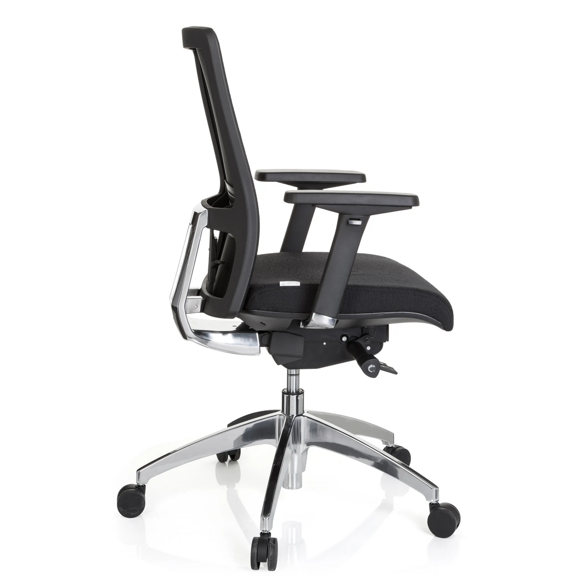 Svart Professionell kontorsstol ASTRA BASE med armstöd och femhjulig fotkorsbas från hjh OFFICE – 360-gradersvy (sidoprofil 100°)