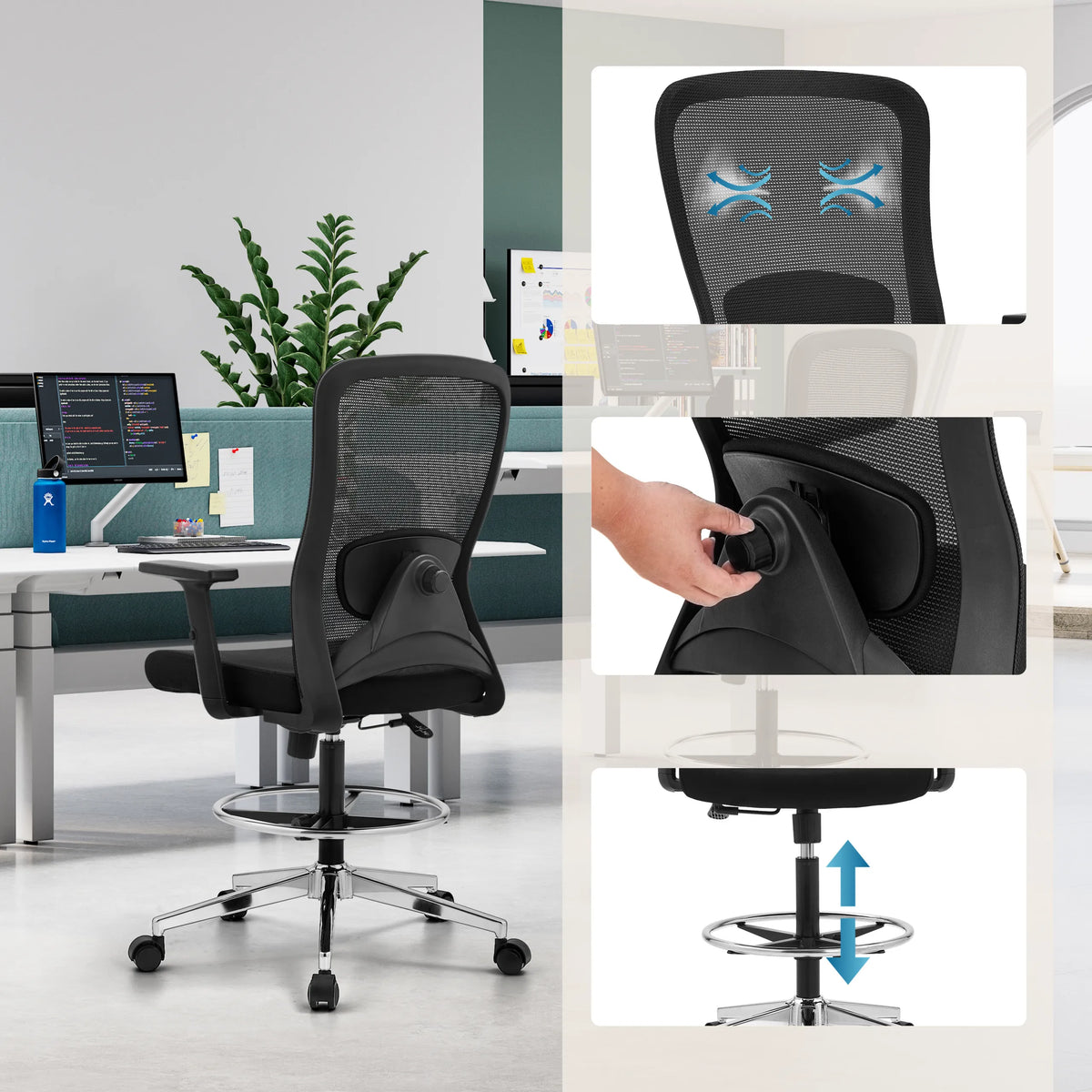 Arbeitsstuhl Top Work 44 in Schwarz mit atmungsaktiver Netzrückenlehne und höhenverstellbarem Fußring von hjh OFFICE