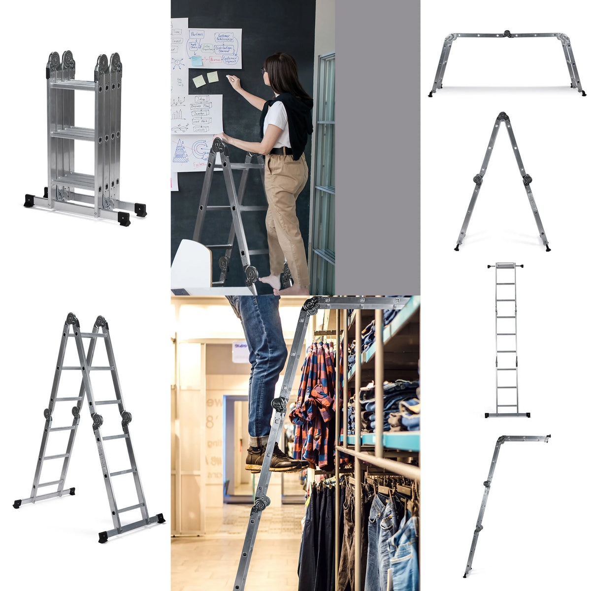 SOLID W3 fällbara stegar i aluminium i olika vikpositioner och i användning från hjh OFFICE