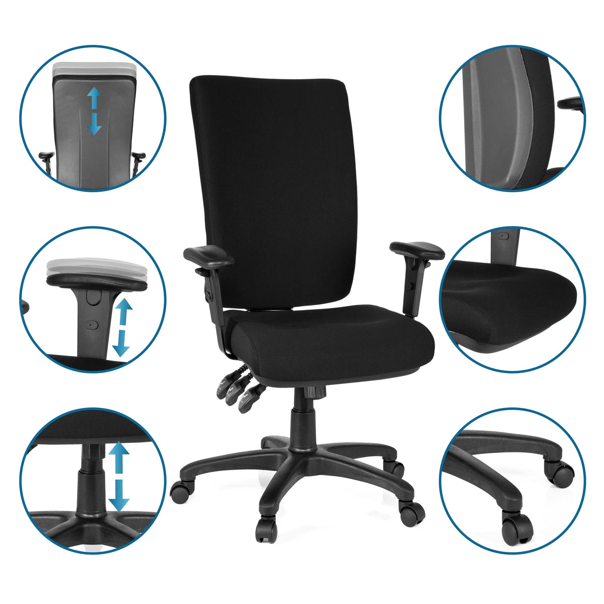 Svart Professionell kontorsstol ZENIT HIGH med detaljvyer av inställningsmöjligheterna från hjh OFFICE