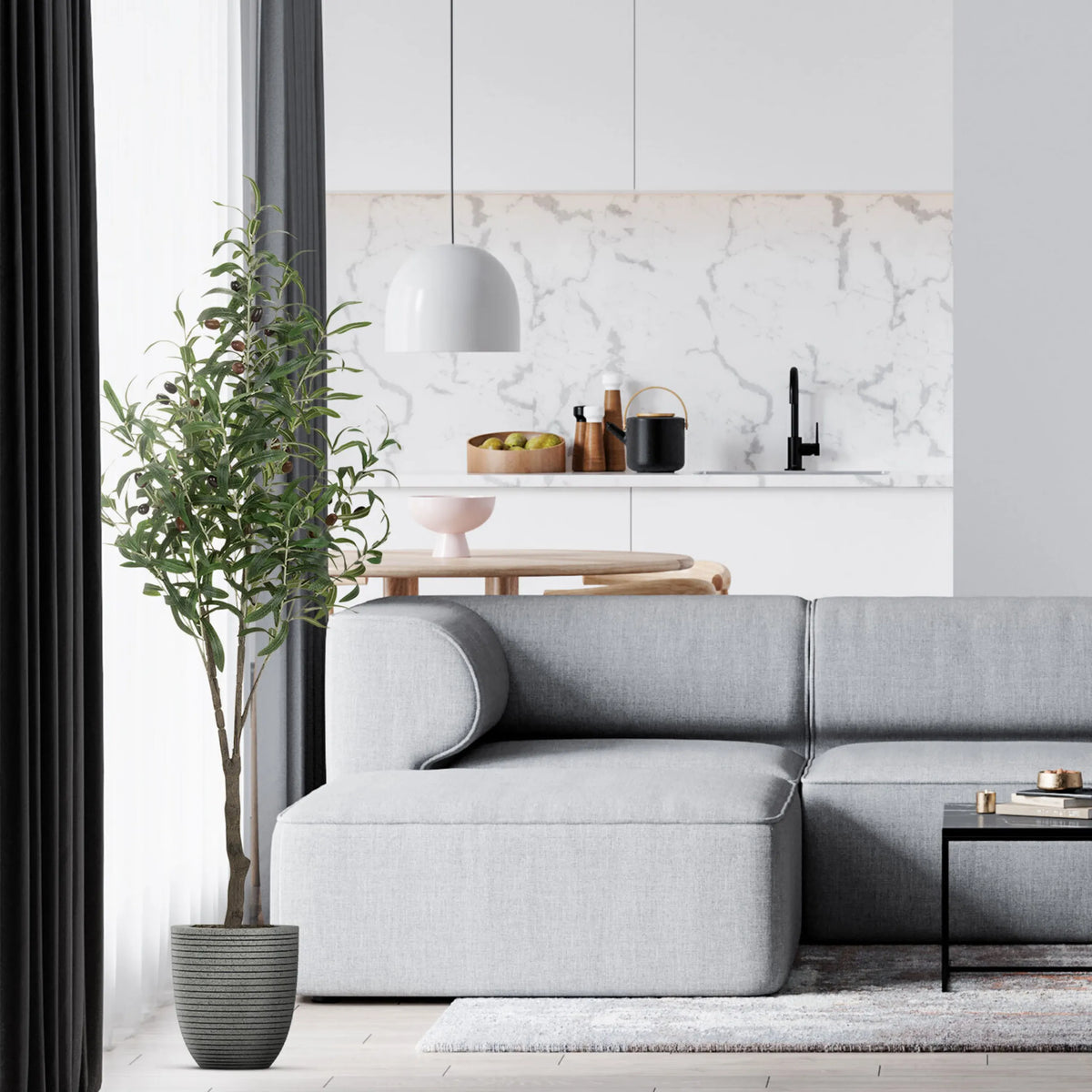 Grön konstgjord växt OLIVE i en grå, räfflad kruka från hjh OFFICE