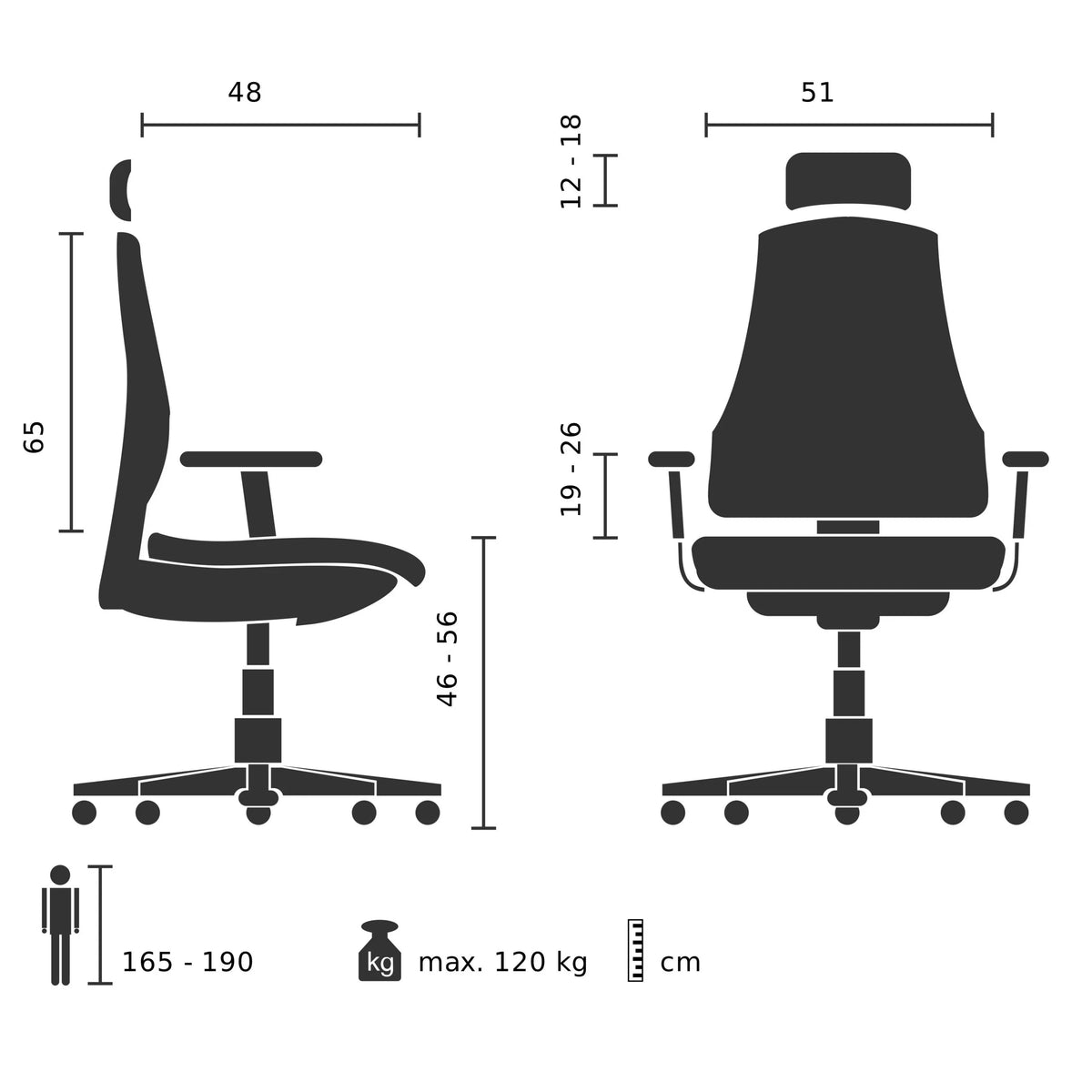 Teknisk ritning av Home Office kontorsstol ERGOMY med en maximal belastning på 120 kg från MyBuero