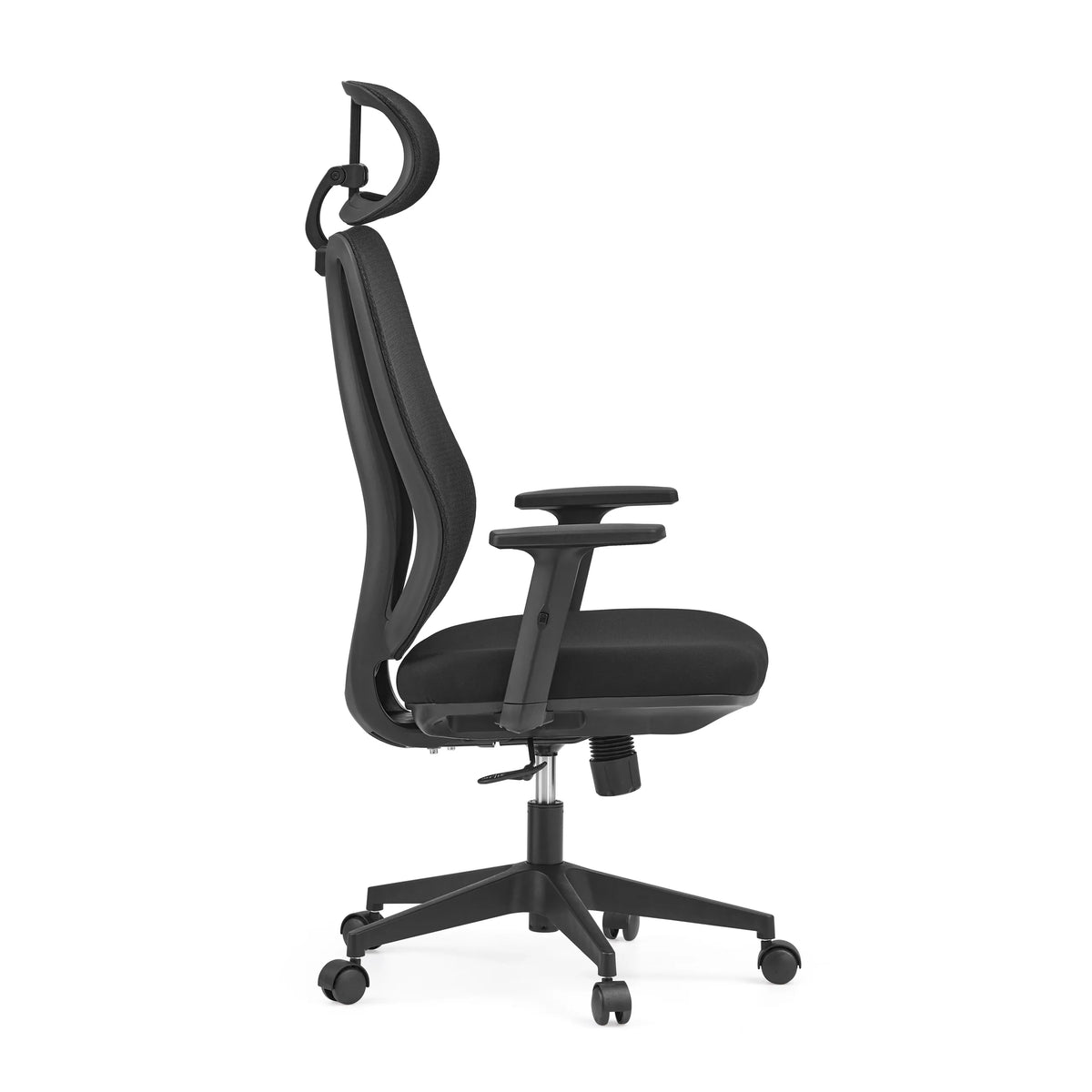 Svart professionell kontorsstol Filaro med nätrygg, nackstöd och femstjärnigt fotkors med hjul från hjh OFFICE – 360-gradersvy (sidoprofil 90°)
