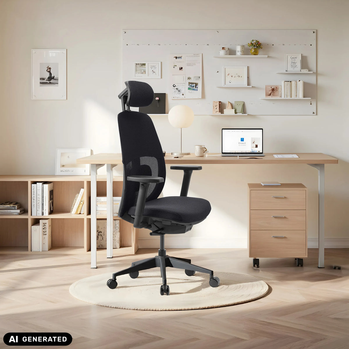 Svart professionell kontorsstol Skandis Pro med nackstöd i ett hemkontor från hjh OFFICE (AI-genererad bild)