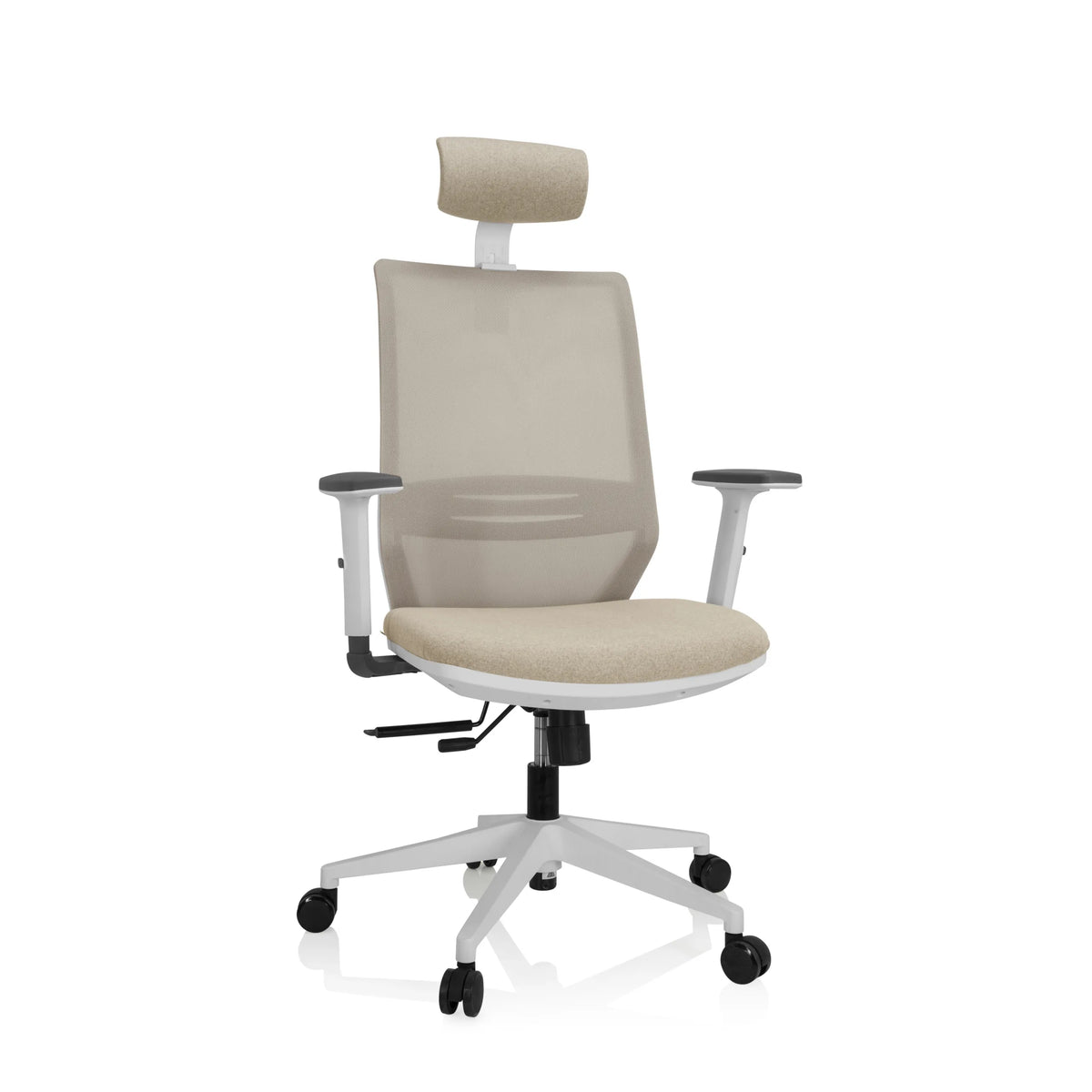Beige Professionell kontorsstol PROFONDO PRO W med nätrygg, nackstöd och vitt femstjärnigt underrede från hjh OFFICE – 360-gradersvy (framifrån 20°)
