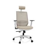 Beige Professionell kontorsstol PROFONDO PRO W med nätrygg, nackstöd och vitt femstjärnigt underrede från hjh OFFICE – 360-gradersvy (framifrån 20°)