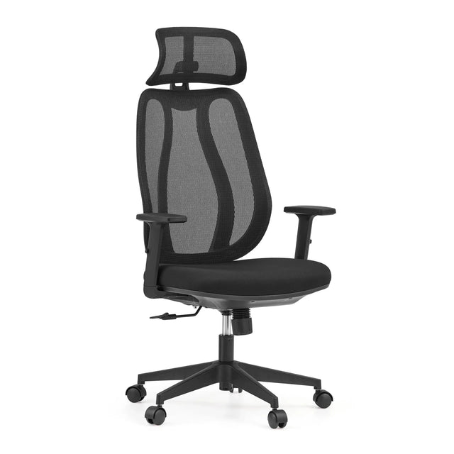 Professionell kontorsstol Filaro i svart med nätryggstöd, nackstöd och justerbara armstöd från hjh OFFICE