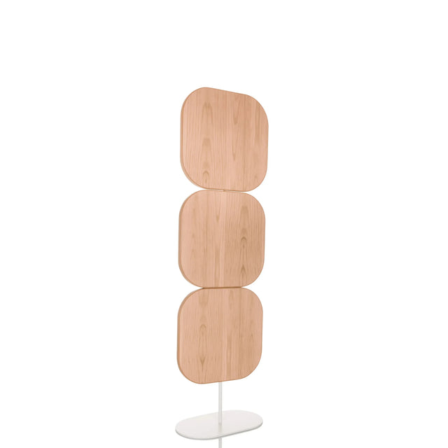 Beige Skärmvägg FLEXMIUT W med tre rundade träelement på vit fot från hjh OFFICE