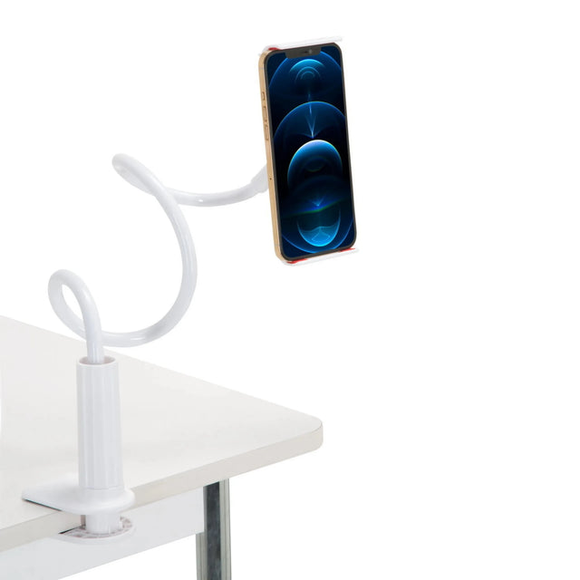 Vit hållare för mobiltelefon & surfplatta FLEXMOBI I med flexibel svanhals och bordsklämma från hjh OFFICE