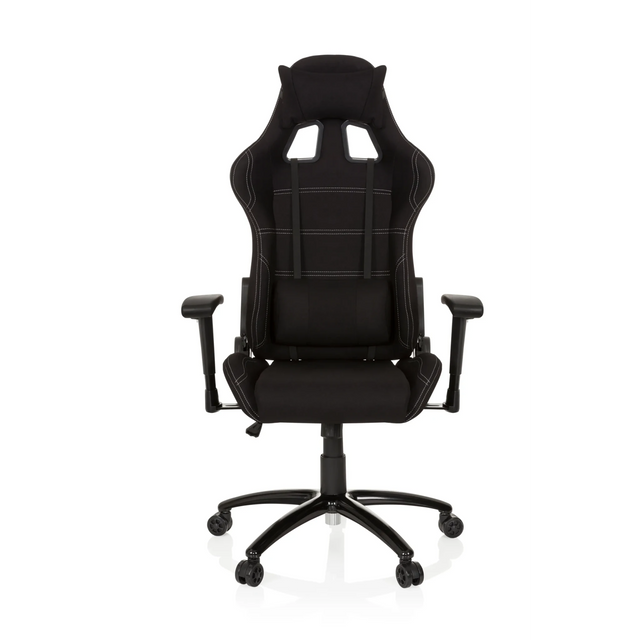 Svart Spelstol GAME FORCE med tygklädsel, vita dekorationssömmar och armstöd från hjh OFFICE