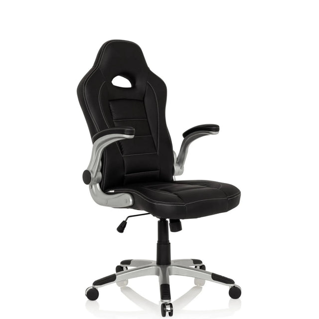 Svart Spelstol GAME SPORT med silverfärgade armstöd och en stjärnfot med hjul från hjh OFFICE