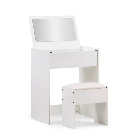 Glamdesk sminkbord i vitt med integrerad spegel och matchande vadderad pall från hjh LIVING