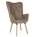 Brun stoppad fåtölj HAVENIO I med knappdetaljer och ljusa träben från hjh LIVING