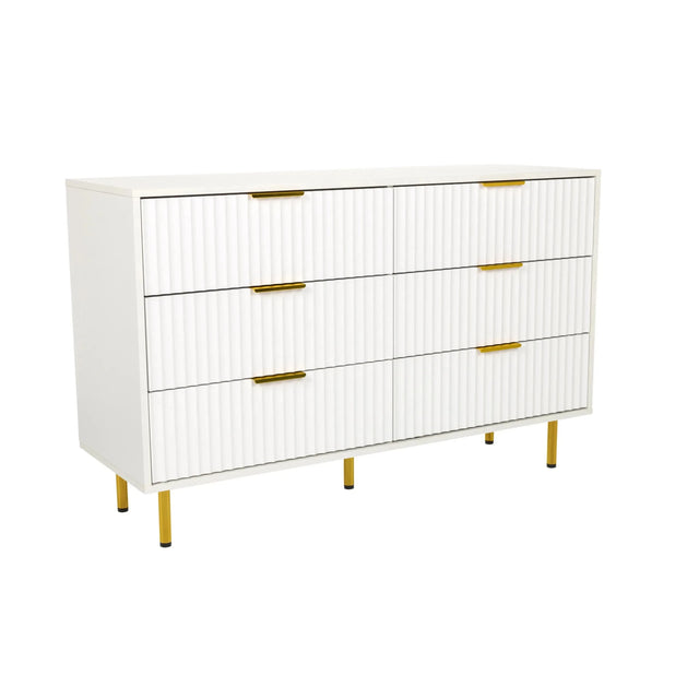 Vitt Sidobord HJELLE med sex räfflade lådor och gyllene handtag från hjh LIVING