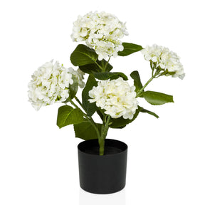 Konstgjorda växter HYDRANGEA med vita blommor, gröna blad och svart kruka från hjh OFFICE