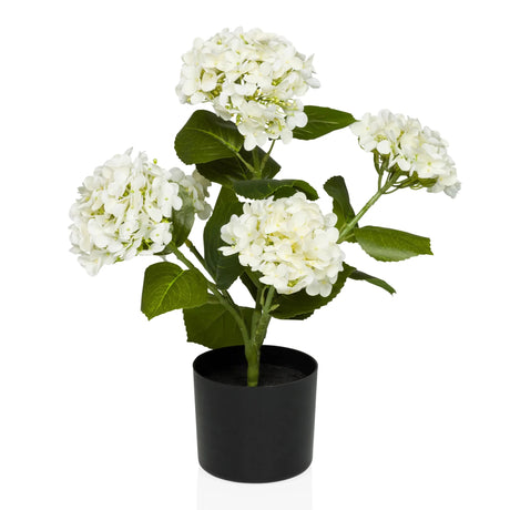 Konstgjorda växter HYDRANGEA med vita blommor, gröna blad och svart kruka från hjh OFFICE