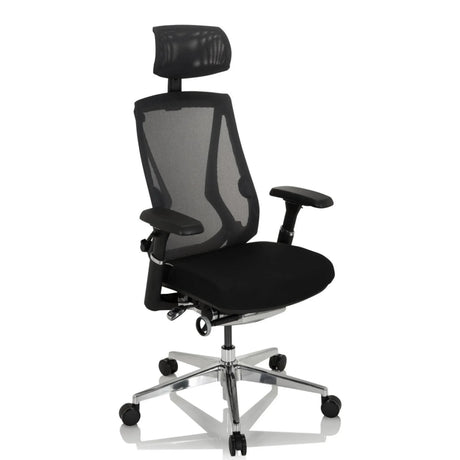 Hög kontorsstol INSPERO i svart med nätrygg, nackstöd och kromad stjärnfot från hjh OFFICE