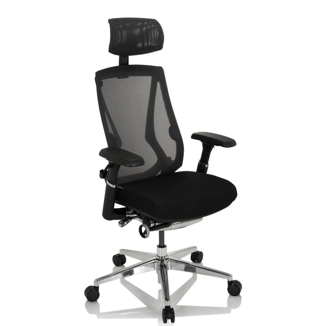 Hög kontorsstol INSPERO i svart med nätrygg, nackstöd och kromad stjärnfot från hjh OFFICE