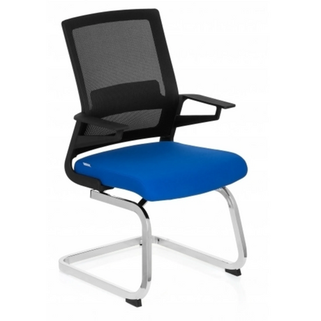 Fjädrande stol INVENTOR V med blå sits, svart nätrygg och kromad ram från hjh OFFICE