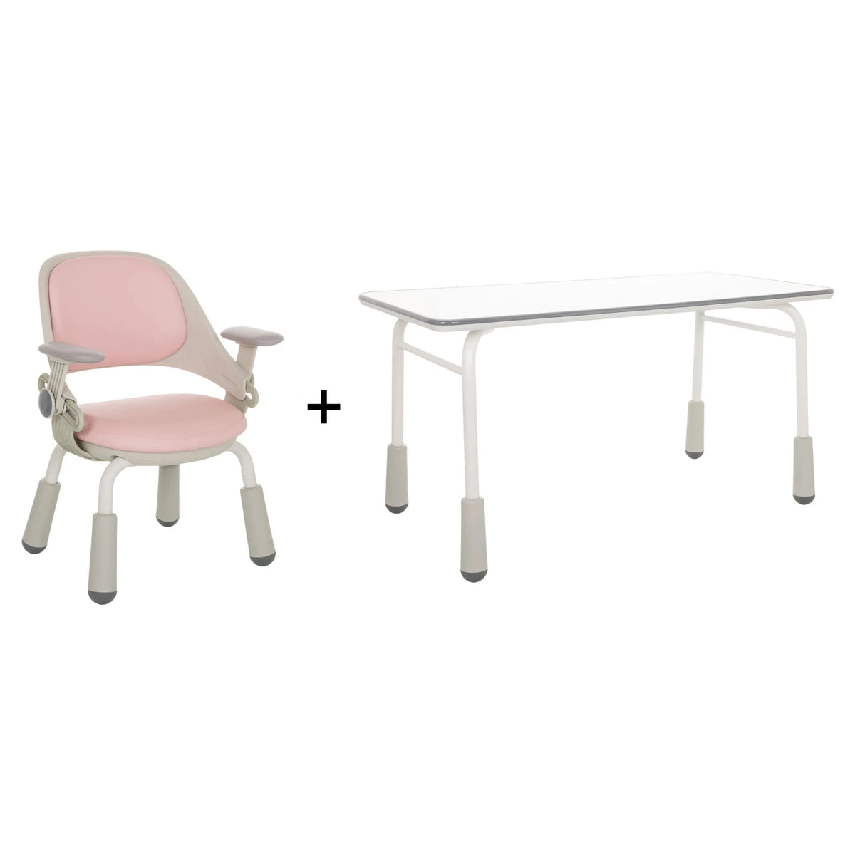 Barnstol-set KID GRO SET med rosa stol och vitt skrivbord på ljusgrå ben från hjh OFFICE