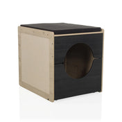 Katthus KITTY PAWBOX 2 i svart och ek med cirkulär öppning och kudde från hjh LIVING