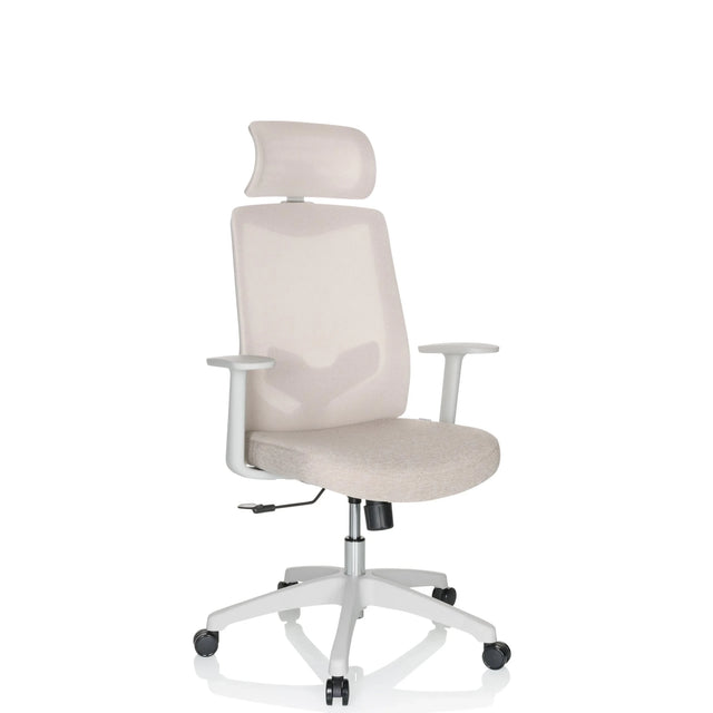 Home Office kontorsstol MIKEO W i beige tygbeklädnad med nackstöd och vita armstöd från hjh OFFICE