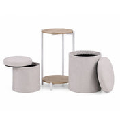 Sidobord Nestup 1 i vitt och ek med integrerad beige tygbeklädd pall från hjh LIVING