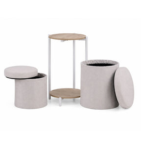 Sidobord Nestup 1 i vitt och ek med integrerad beige tygbeklädd pall från hjh LIVING