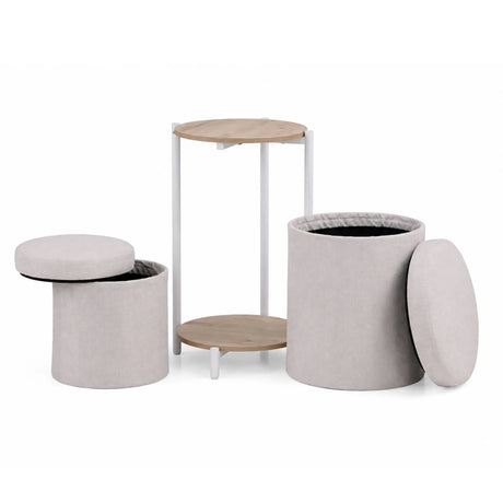 Sidobord Nestup 1 i vitt och ek med integrerad beige tygbeklädd pall från hjh LIVING