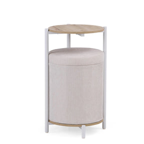 Sidobord Nestup 1 i vitt och ek med integrerad beige tygbeklädd pall från hjh LIVING