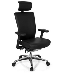 Professionell kontorsstol NOVA med svart läderklädsel, nackstöd och kromad stjärnfot från hjh OFFICE