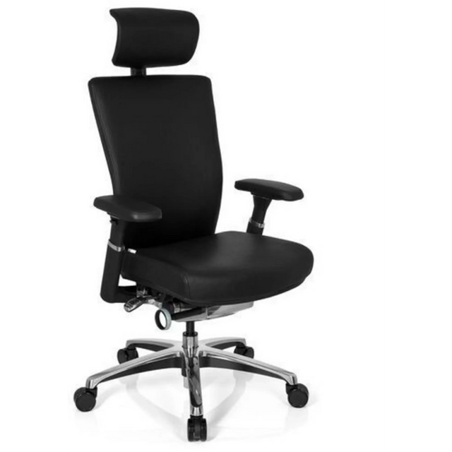 Professionell kontorsstol NOVA med svart läderklädsel, nackstöd och kromad stjärnfot från hjh OFFICE