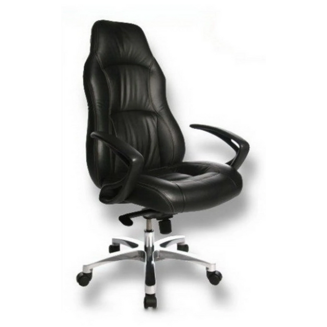 Lyxig chefsfåtölj OFFICE RS1 med svart läderklädsel och silverfärgad stjärnfot från Topstar